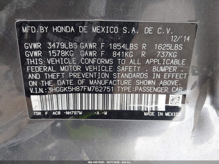 HONDA FIT 2015 VIN 3HGGK5H87FM762751