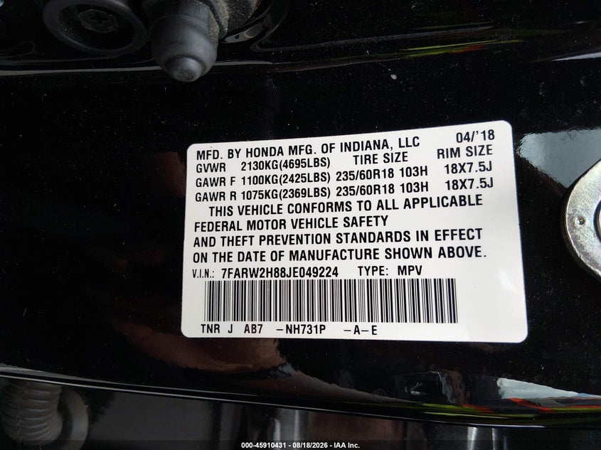 HONDA CR-V 2018 VIN 7FARW2H88JE049224