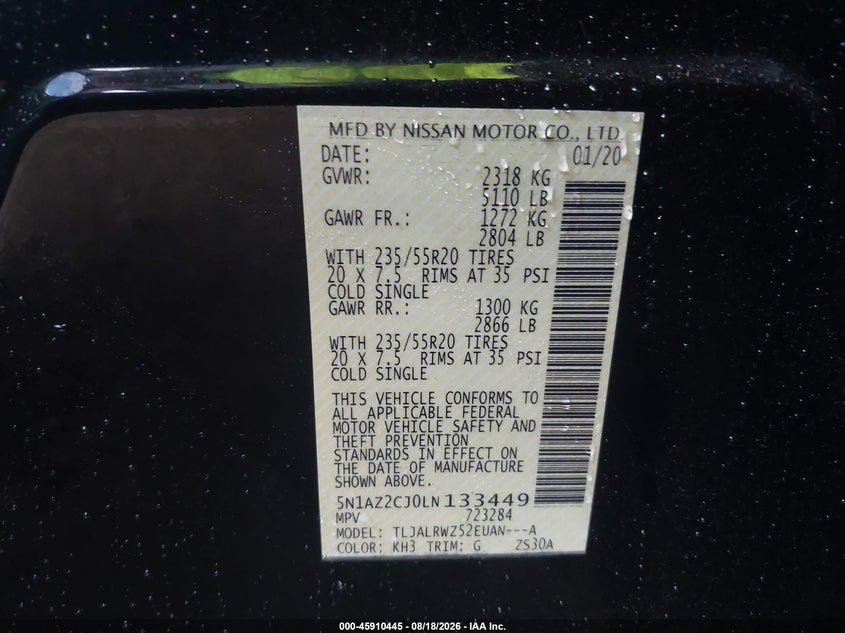 NISSAN MURANO 2020 VIN 5N1AZ2CJ0LN133449