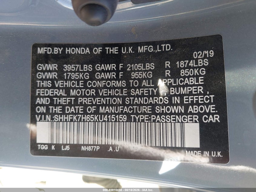 HONDA CIVIC 2019 VIN SHHFK7H65KU415159