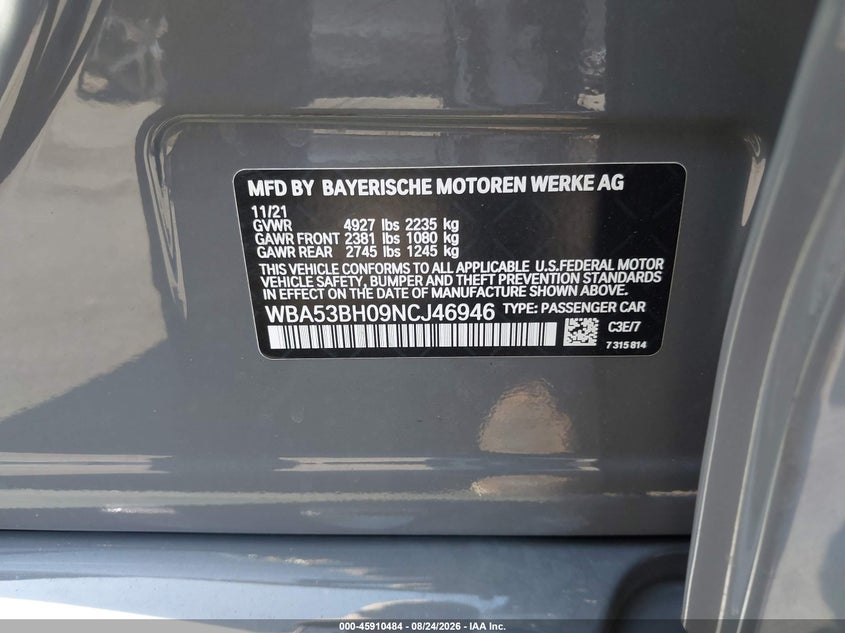 BMW 530 2022 VIN WBA53BH09NCJ46946