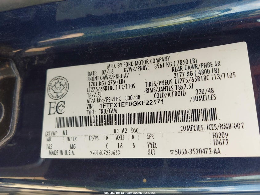 2016 FORD F-150 PICKUP 5.0L V-8 DOHC, VVT, 385HP