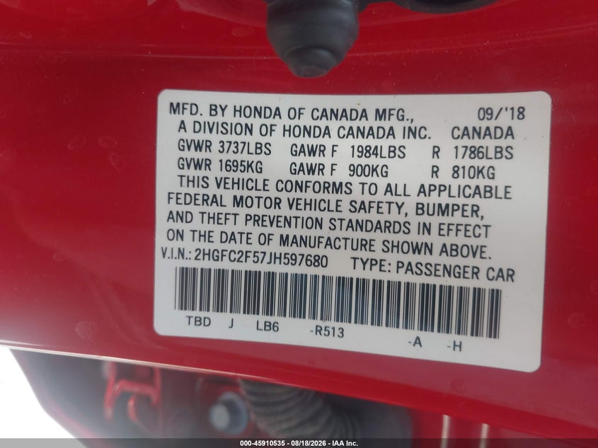2018 HONDA CIVIC SEDAN 2.0L I-4 DOHC, VVT, 158HP