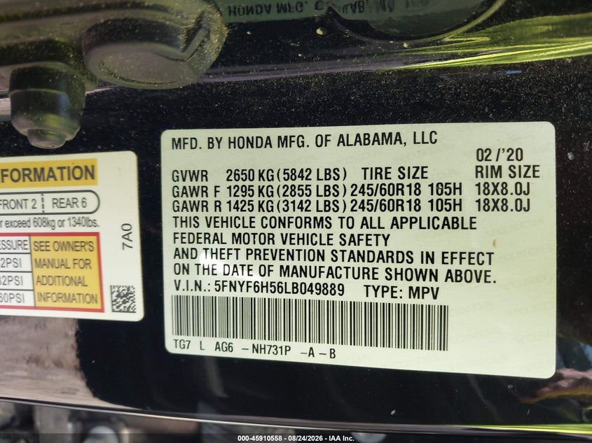 2020 HONDA PILOT SPORT UTILITY VEHICLE 3.5L V-6 DI, VVT, 280HP