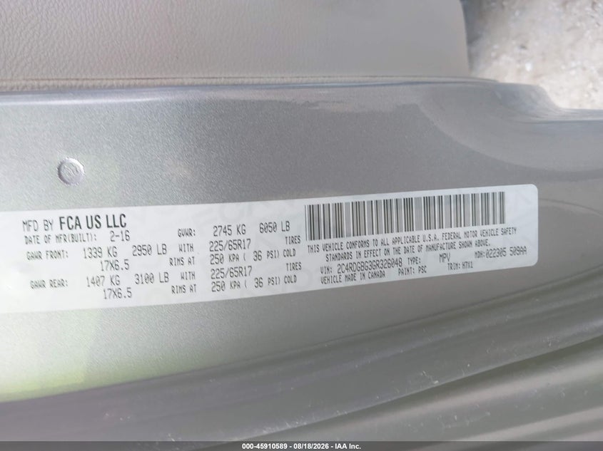 DODGE GRAND CARAVAN 2016 VIN 2C4RDGBG3GR326048