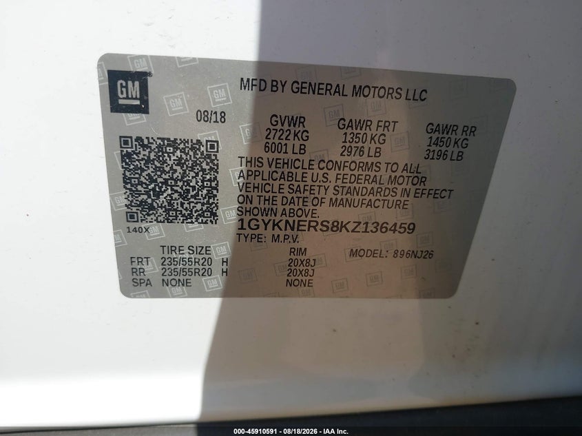 CADILLAC XT5 2019 VIN 1GYKNERS8KZ136459