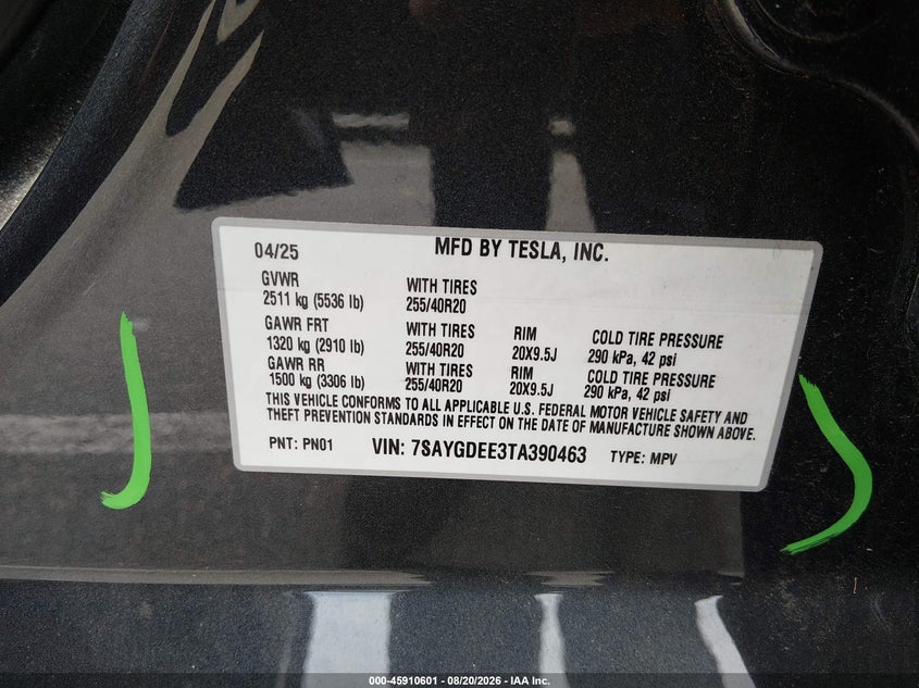 TESLA MODEL Y 2026 VIN 7SAYGDEE3TA390463