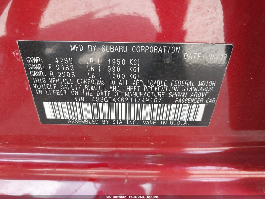 SUBARU IMPREZA 2018 VIN 4S3GTAK62J3749167