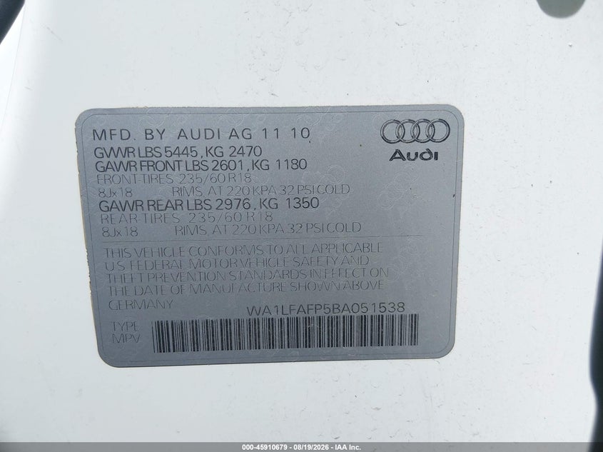 2011 AUDI Q5 SPORT UTILITY VEHICLE 2.0L I-4 DI, DOHC, VVT, TURBO, 211HP