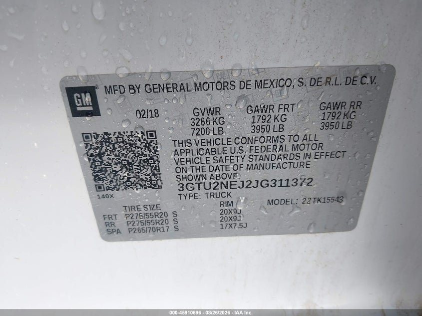 GMC SIERRA 1500 2018 VIN 3GTU2NEJ2JG311372