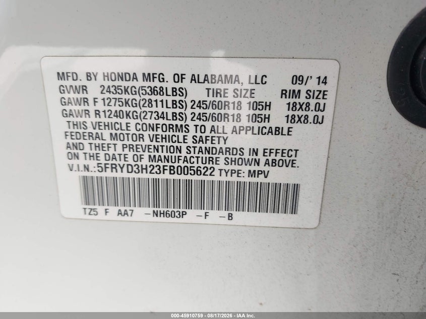 ACURA MDX 2015 VIN 5FRYD3H23FB005622