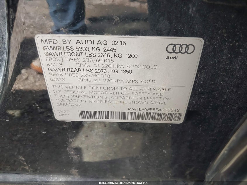 AUDI Q5 2015 VIN WA1LFAFP8FA098343