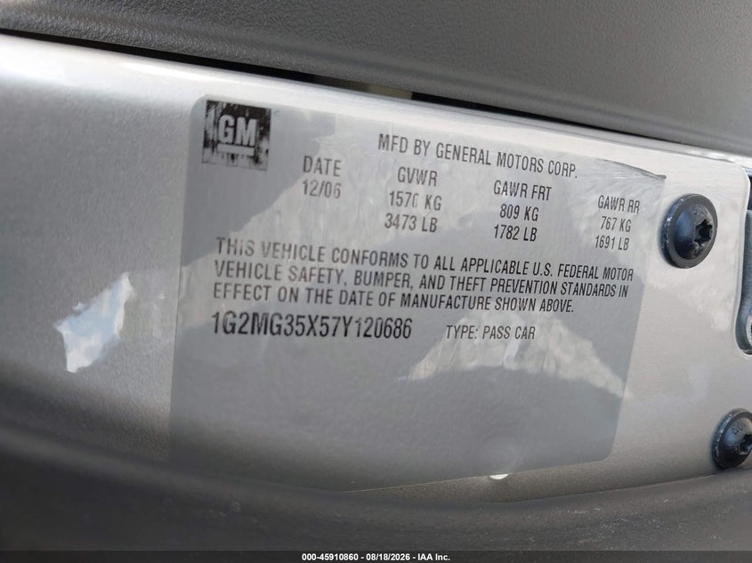 PONTIAC SOLSTICE 2007 VIN 1G2MG35X57Y120686