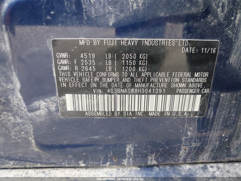 SUBARU LEGACY 2017 VIN 4S3BNAS68H3041391