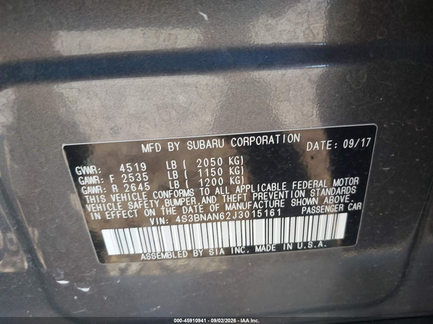SUBARU LEGACY 2018 VIN 4S3BNAN62J3015161