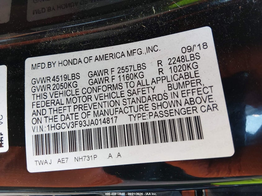 HONDA ACCORD HYBRID 2018 VIN 1HGCV3F93JA014817