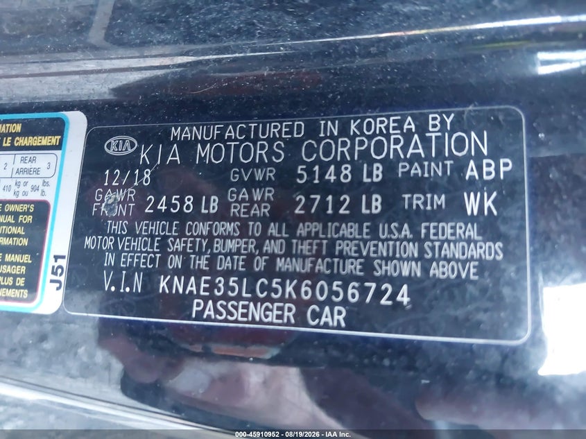 KIA STINGER 2019 VIN KNAE35LC5K6056724