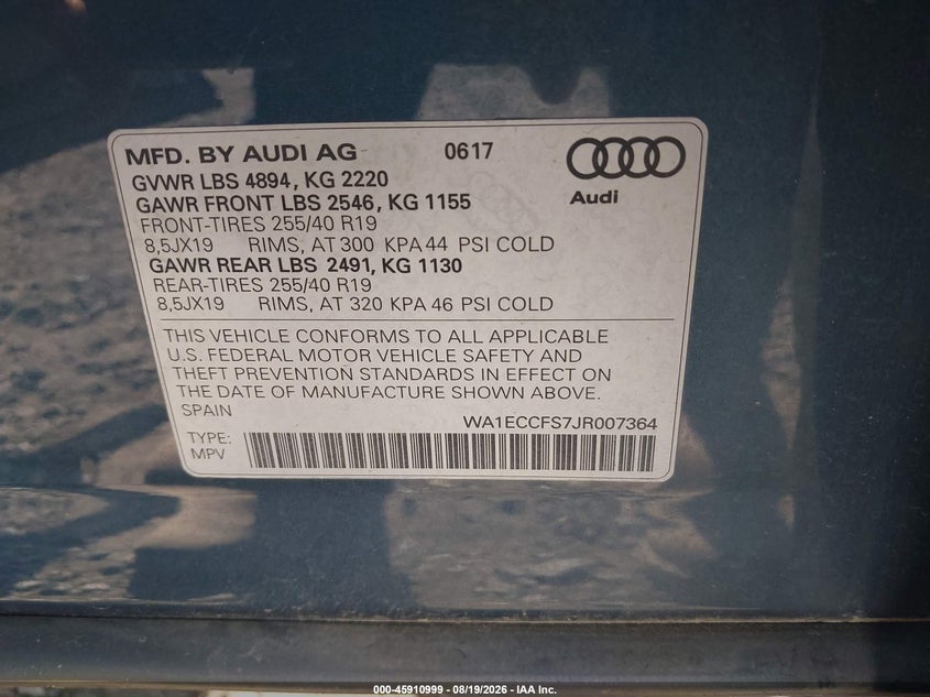 AUDI Q3 2018 VIN WA1ECCFS7JR007364