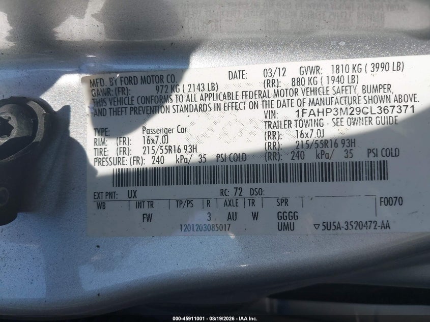 FORD FOCUS 2012 VIN 1FAHP3M29CL367371