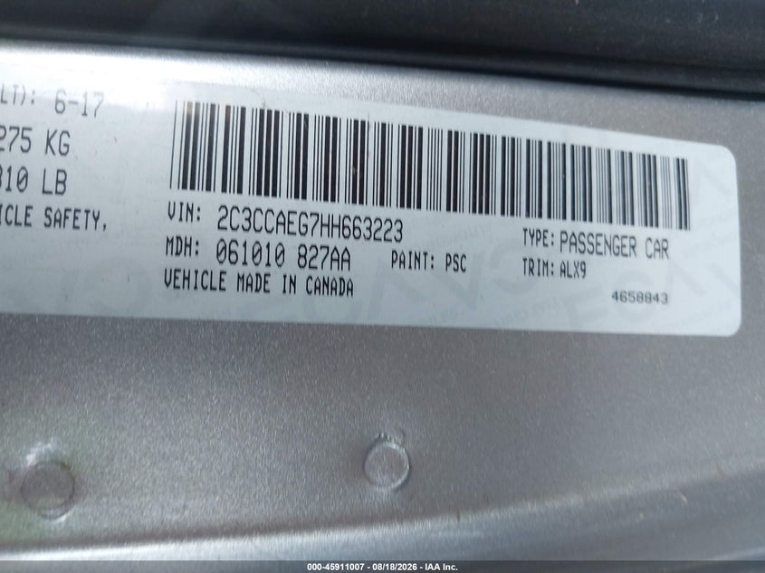 CHRYSLER 300C 2017 VIN 2C3CCAEG7HH663223