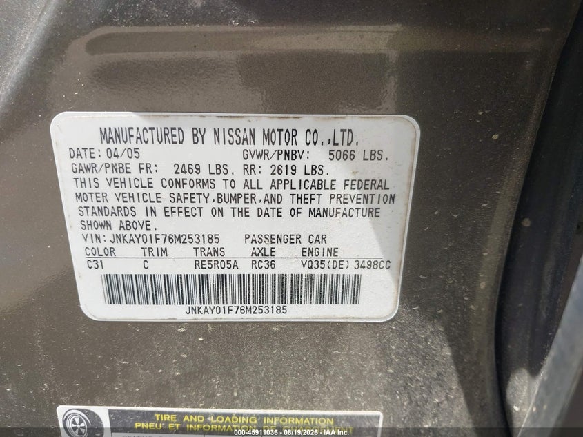 INFINITI M35X 2006 VIN JNKAY01F76M253185