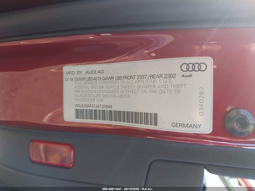 AUDI A4 2018 VIN WAULMAF41JA120948