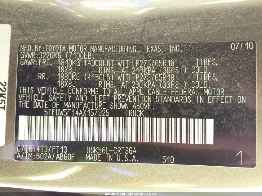 TOYOTA TUNDRA 2010 VIN 5TFUW5F14AX157925