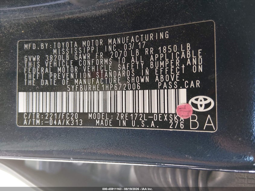 2017 TOYOTA COROLLA SEDAN 1.8L I-4 DOHC, VVT, 132HP