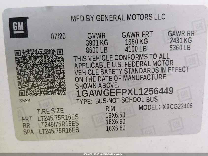 CHEVROLET EXPRESS PASSENGER 2020 VIN 1GAWGEFPXL1256449