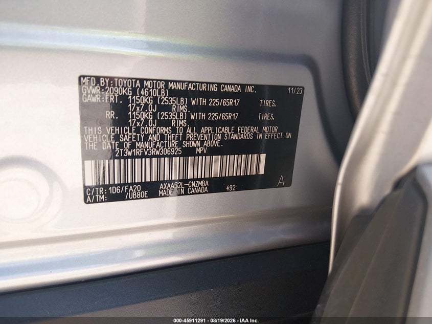 TOYOTA RAV4 2024 VIN 2T3W1RFV3RW306925