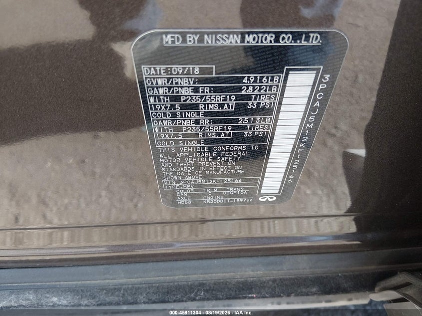INFINITI QX50 2019 VIN 3PCAJ5M12KF125166