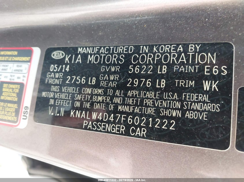 KIA K900 2015 VIN KNALW4D47F6021222