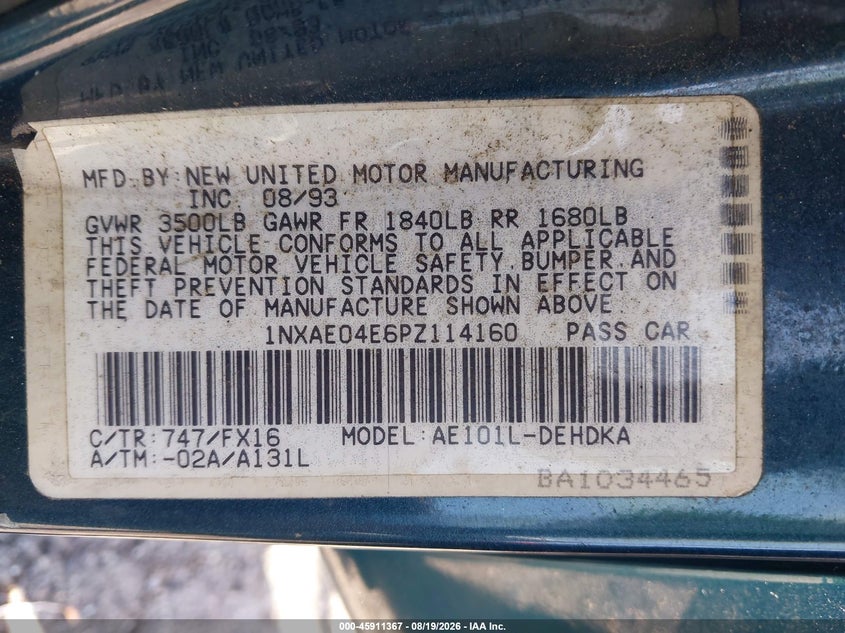 1993 TOYOTA COROLLA SEDAN 1.6L I4 FI F