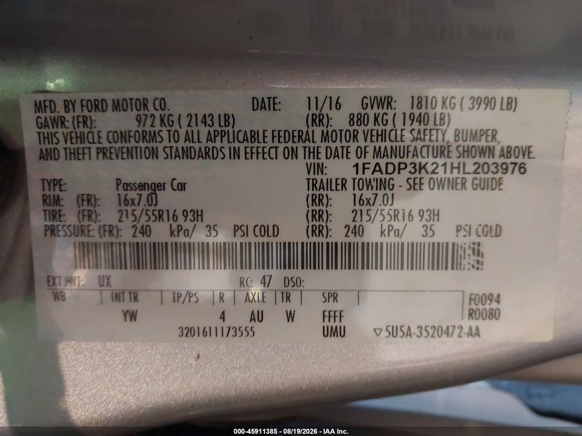 FORD FOCUS 2017 VIN 1FADP3K21HL203976