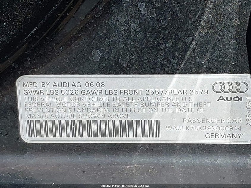 AUDI A4 2009 VIN WAULK78K39N006944
