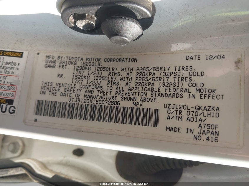 LEXUS GX 470 2005 VIN JTJBT20X150072886