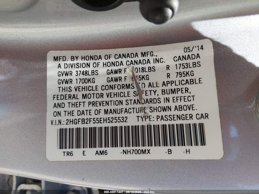 2014 HONDA CIVIC SEDAN 1.8L I-4 VVT, 143HP