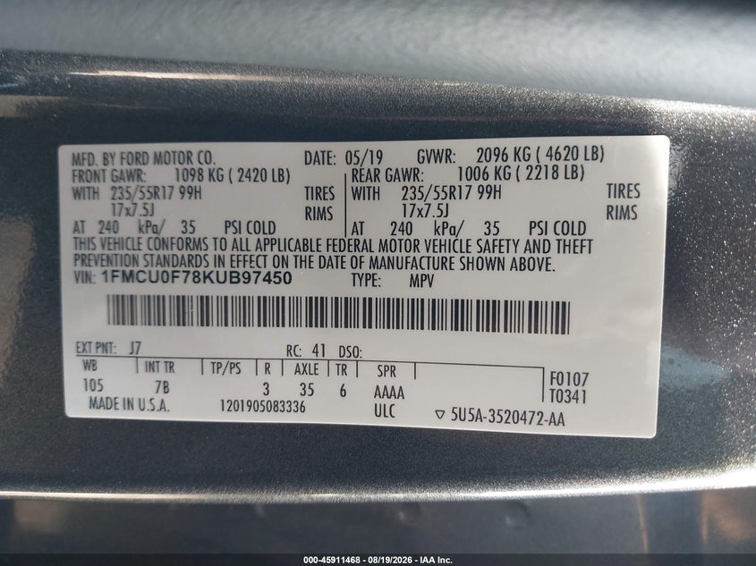 2019 FORD ESCAPE SPORT UTILITY VEHICLE 2.5L I-4 DOHC, VVT, 168HP