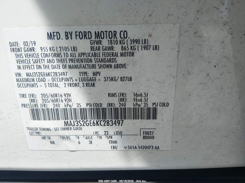 FORD ECOSPORT 2019 VIN MAJ3S2GE6KC283497