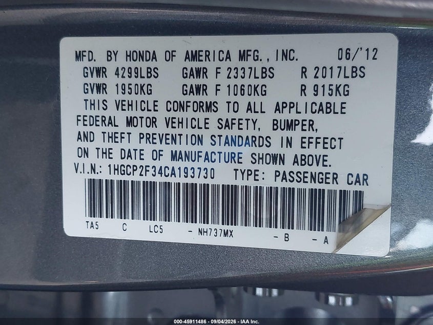 HONDA ACCORD SDN 2012 VIN 1HGCP2F34CA193730
