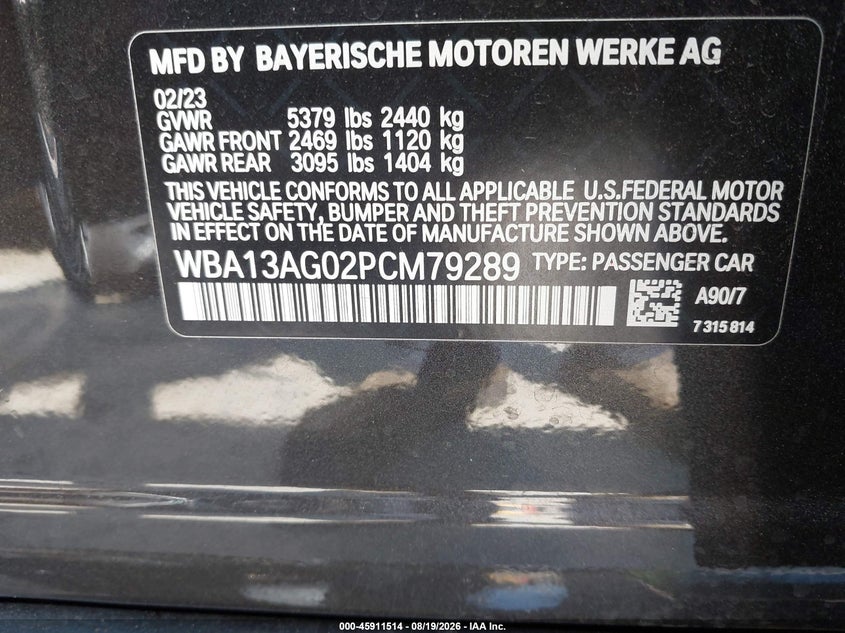 BMW 530E 2023 VIN WBA13AG02PCM79289