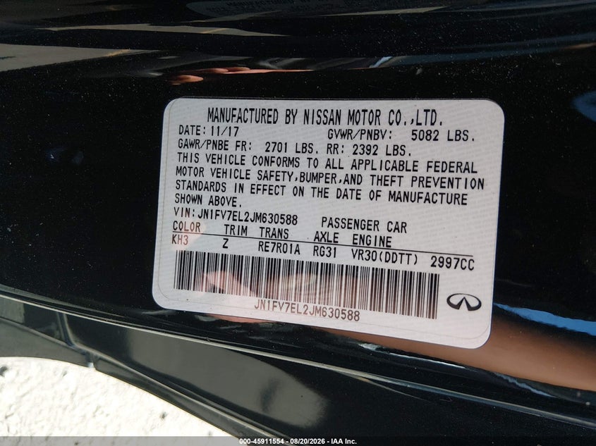 INFINITI Q60 2018 VIN JN1FV7EL2JM630588