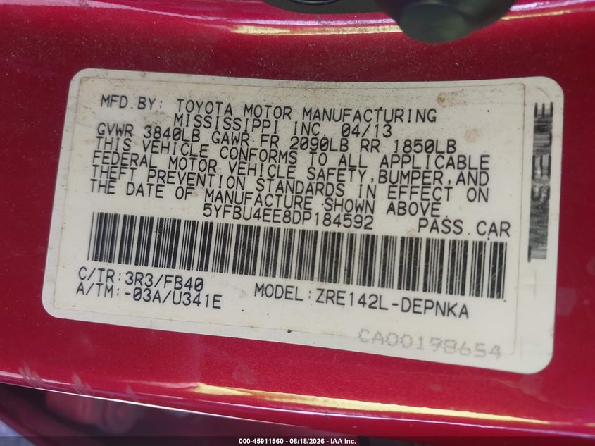 2013 TOYOTA COROLLA SEDAN 1.8L I-4 DOHC, VVT, 132HP
