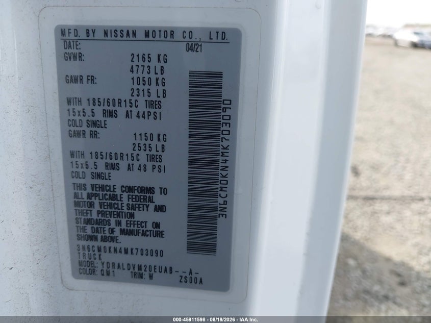 NISSAN NV200  CARGO 2021 VIN 3N6CM0KN4MK703090