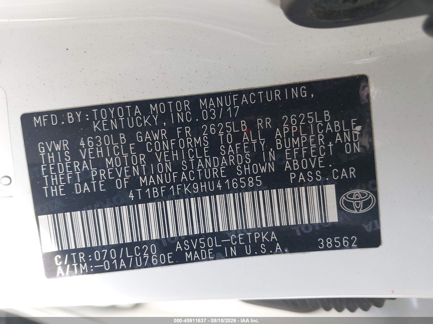 TOYOTA CAMRY 2017 VIN 4T1BF1FK9HU416585