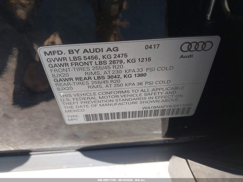 2018 AUDI Q5 SPORT UTILITY VEHICLE 2.0L I-4 DI, DOHC, VVT, TURBO, 252HP