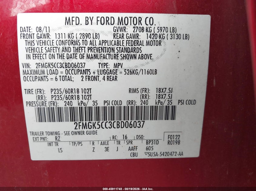 FORD FLEX 2012 VIN 2FMGK5CC3CBD06037