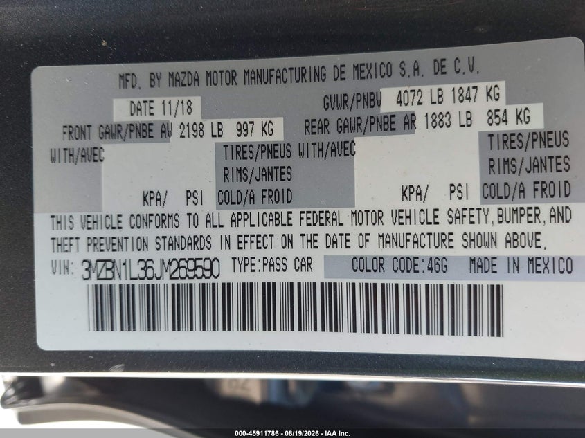 2018 MAZDA 3 HATCHBACK 2.5L I-4 DI, DOHC, VVT, 184HP