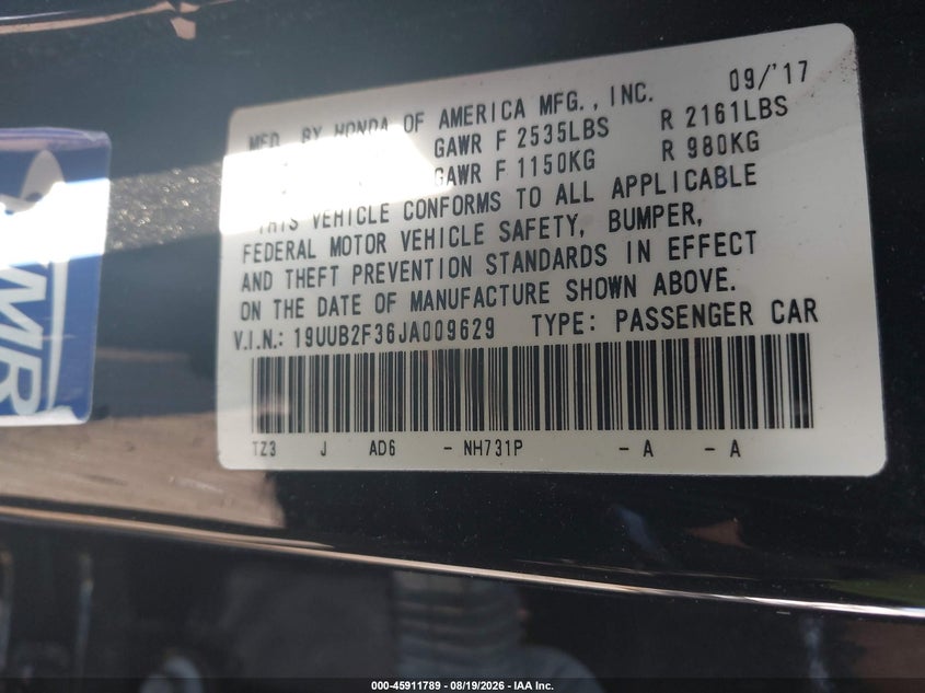 ACURA TLX 2018 VIN 19UUB2F36JA009629