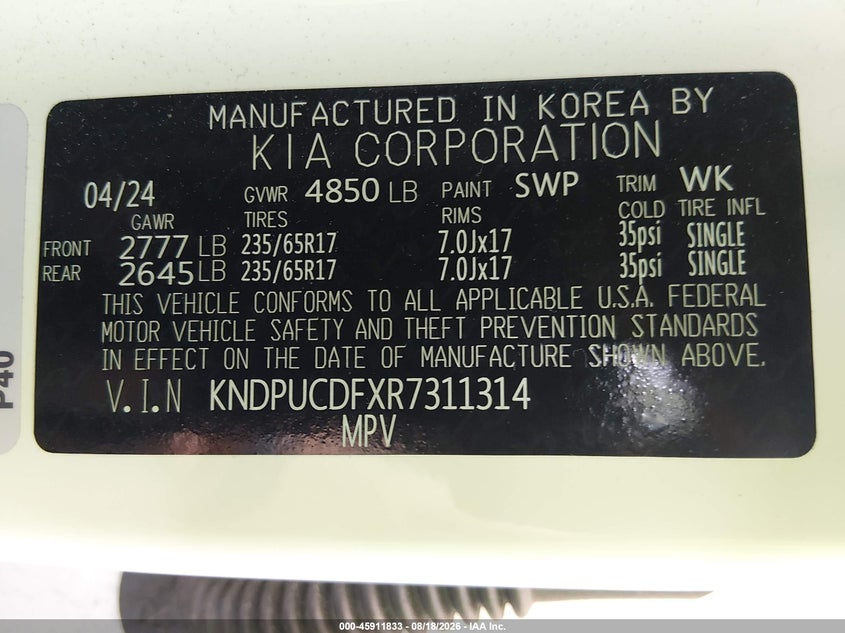 KIA SPORTAGE 2024 VIN KNDPUCDFXR7311314